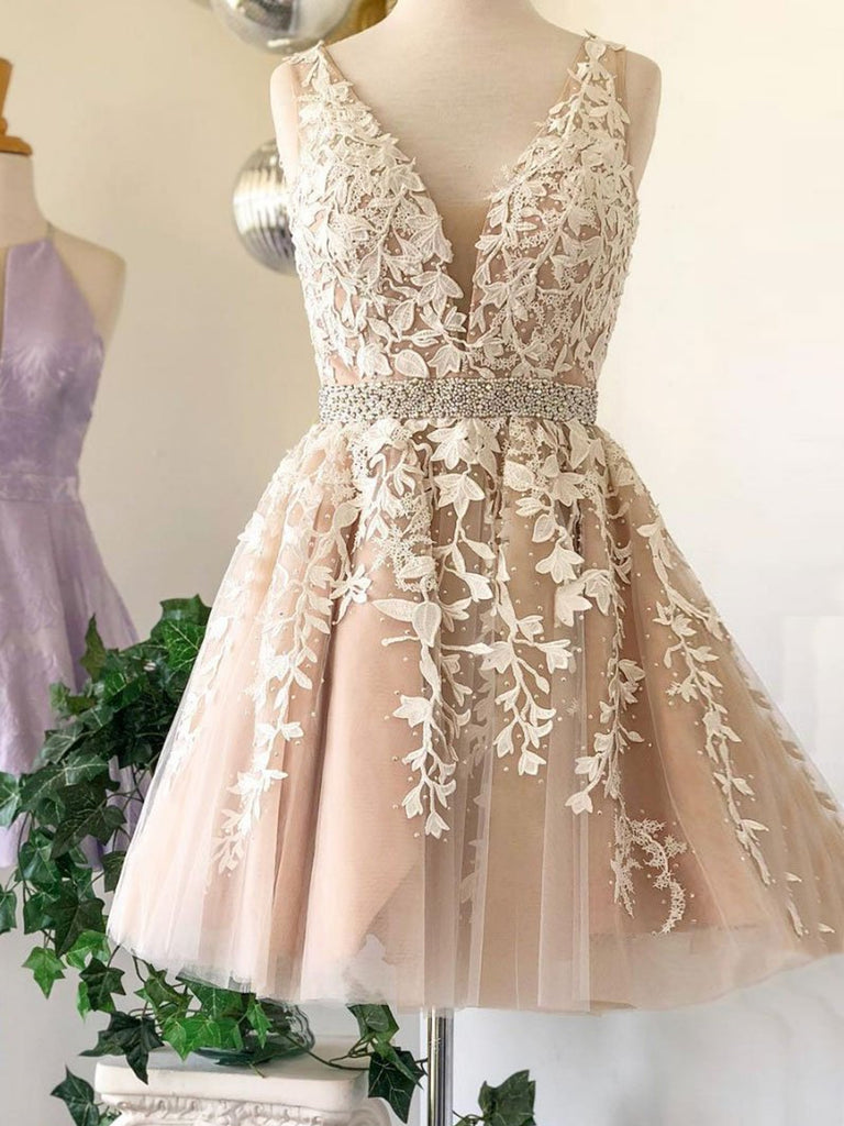 V Neck Short Champagne Lace Prom ...